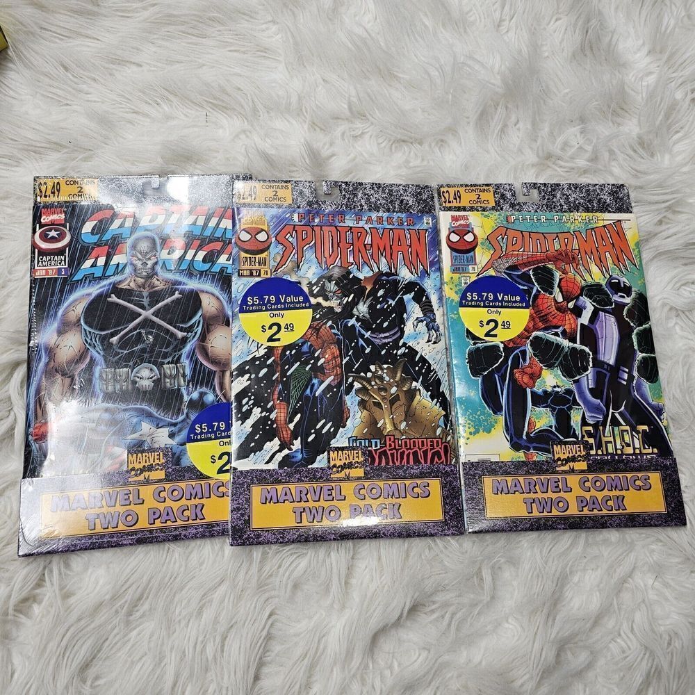 Lot Of 3 Comic 2 Packs Marvel With Trading Cards January 1997 Spider Man Captain